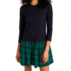 NWT Tanya Taylor Black Green Plaid Checked Hem Long Sleeve T-Shirt Katly…